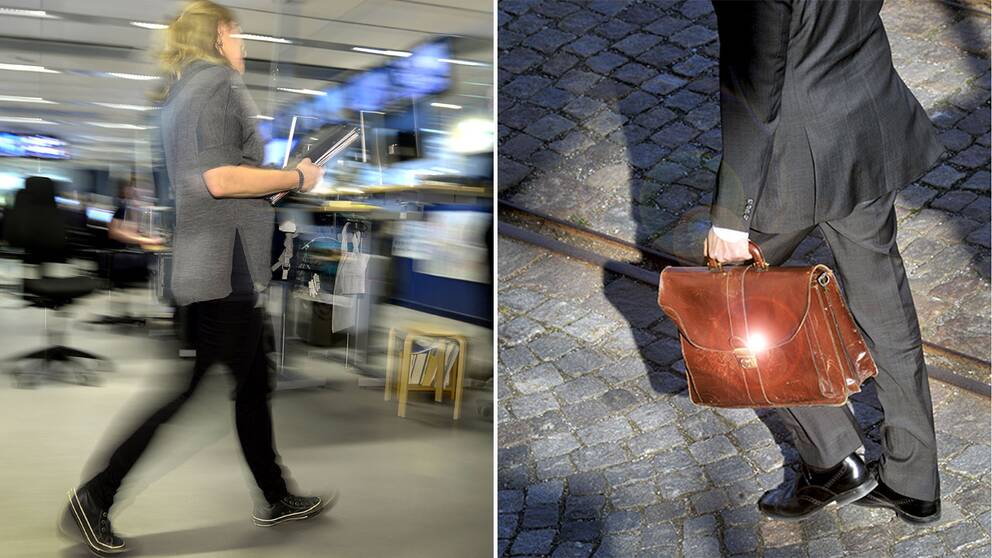 En kvinna på ett kontor och en man med portfölj.