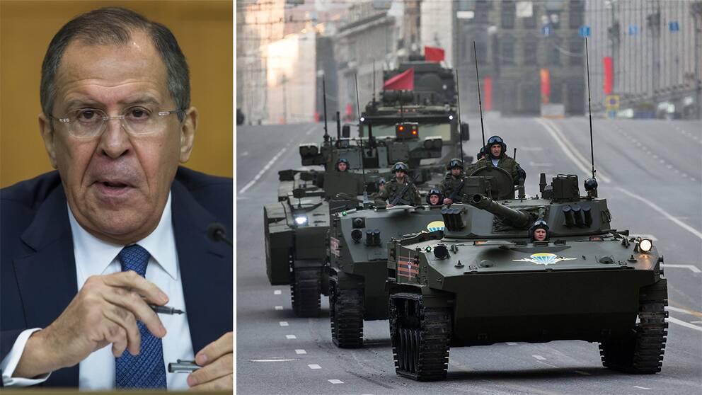 Utrikesminister Sergej Lavrov och en militärparad i Ryssland.
