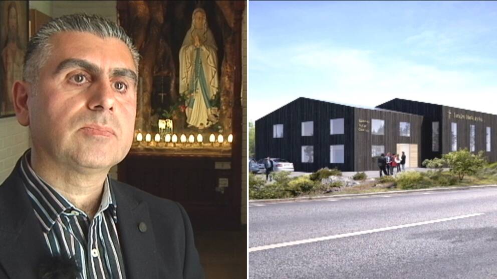 Martin Elia och skiss på planerad kaldeisk kyrka.