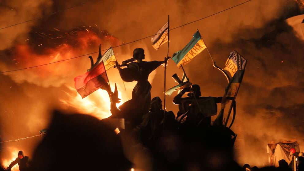 Bränder i centrala Kiev under upproret i Ukraina 2014.