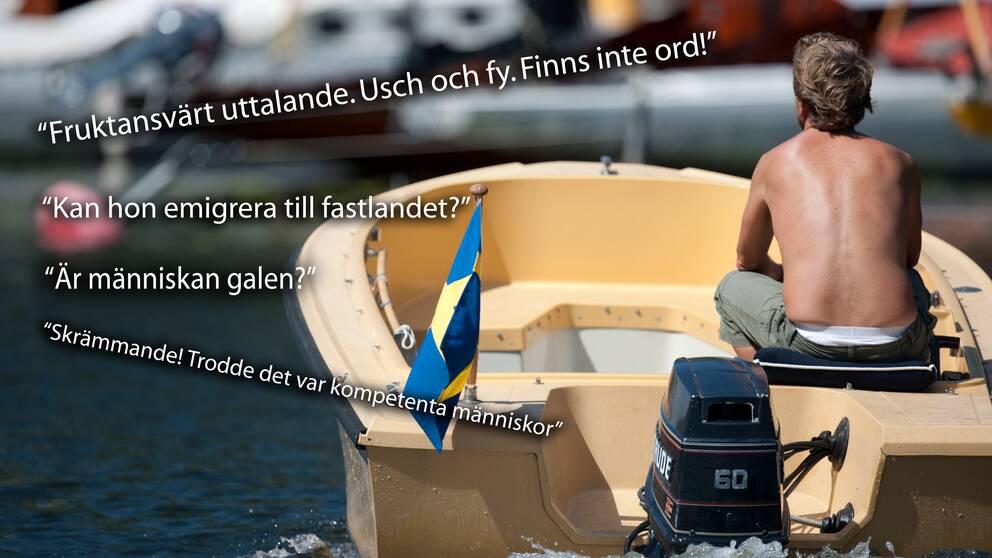 Man i båt och citat från Facebook med kritik mot förslag om att begränsa turismen till Öland.