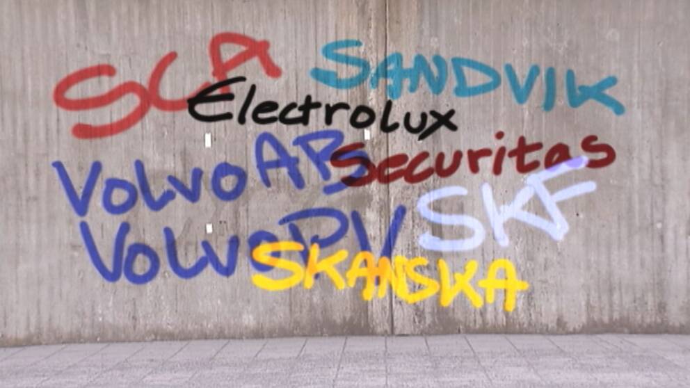 SCA, Sandvik, Electrolux, Volvo, Securitas, SKF och Skanska skrivet på en vägg.