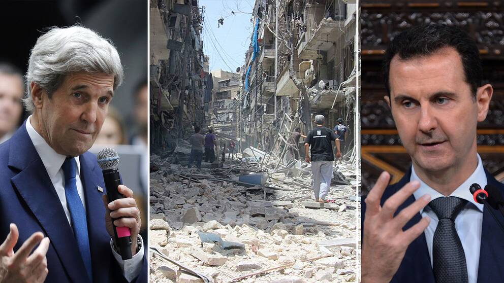 USA:s utrikesminister John Kerry, den krigshärjade syriska staden Aleppo och Syriens president Bashar al-Assad.