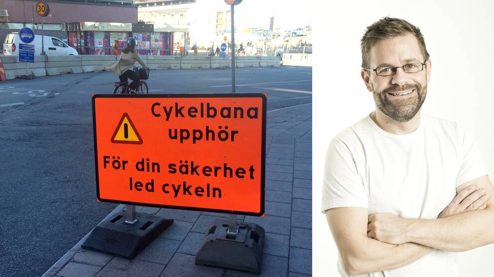 Cykelskylt vid Slussen samt Krister Isaksson