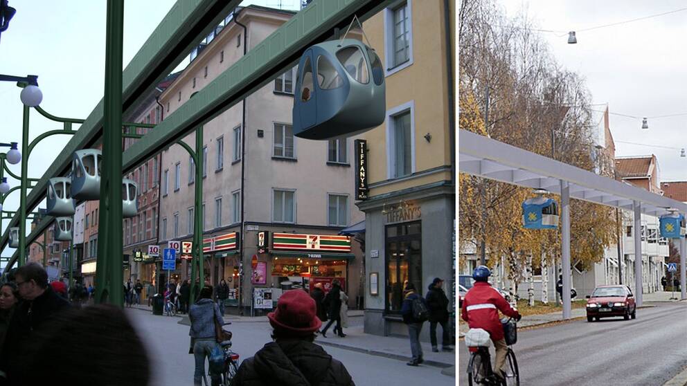 Fotomontage av spårtaxi i Stockholm (vänster) och i Örebro (höger).