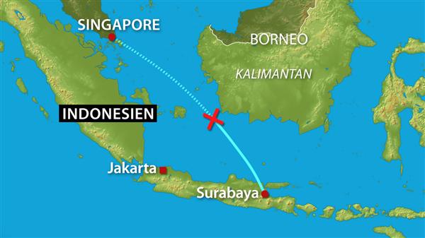 Här hittades planet på sin rutt på väg från Singapore till Surabaya.