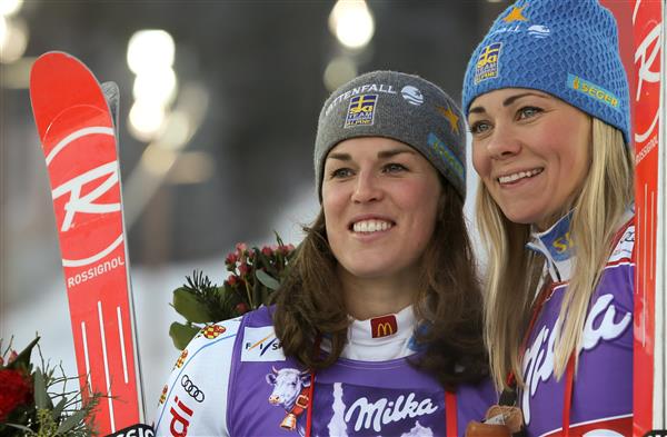 I Åre tidigare den här säsongen när Maria Pietilä-Holmner vann sin första VC-slalom hade vi dubbelt svenskt på pallen. Maria PH och Frida Hansdotter. Foto: Bildbyrån