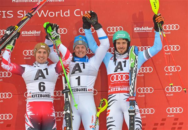Mattias Hargin vann i Kitzbuhel i näst sista VC-slalomen innan VM. Två imponerande åk av Hargin den gången. Nu ligger han fyra, +0.85 upp till Hirscher och +0.19 till Myhrer på tredjeplats. Foto: Bildbyrån