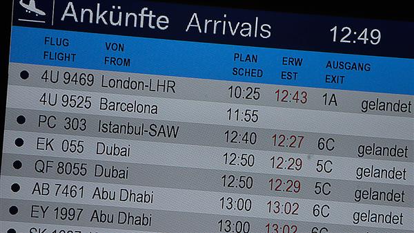 Ankomstskylten för flight 4U9525på flygplatsen i Düsseldorf. Foto: TT