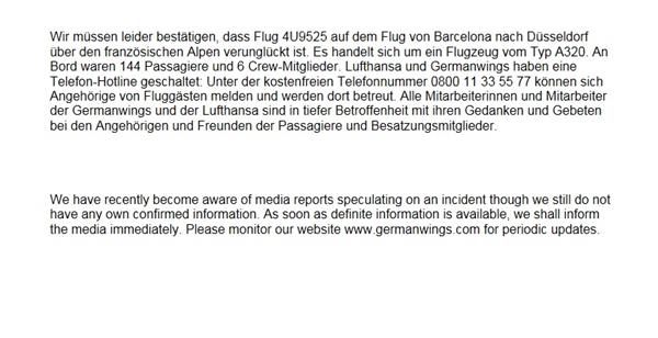 Germanwings har lagt ner sin hemsida. Det som möter en är den här texten där de bekräftar att A320 har kraschat och hänvisar anhöriga till nedstående telefonnummer.