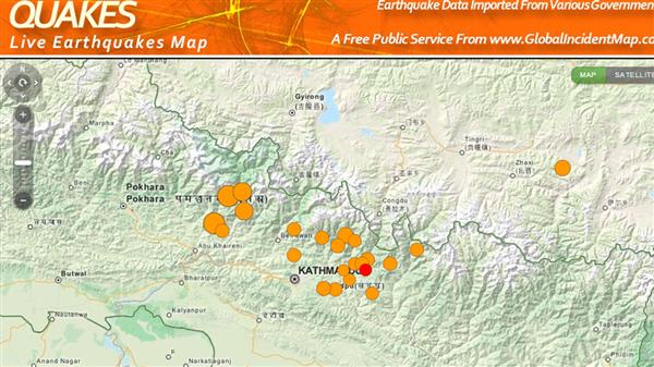 På den här live-kartan för jordbävningar kan man se jordbävningens epicentrum, samt de kommande efterskalven. Foto: Skärmdump Live Earthquakes Map