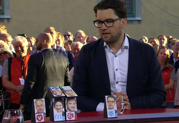 Alla partiledare får i uppgift att visar var de anser att partierna befinner sig på höger- vänsterskalan. Så här gjorde Jimmie Åkesson.
