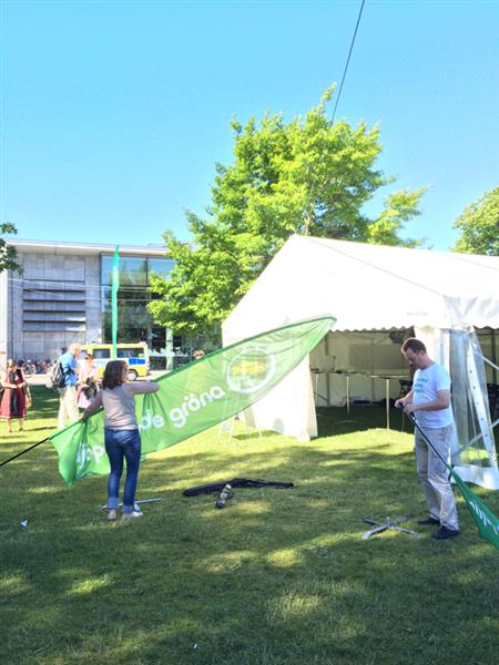 Miljöpartiet pyntar parken med sina flaggor.