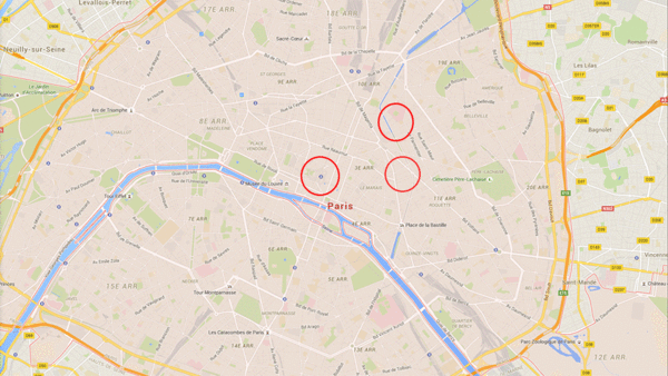 Här kan man se var tre av attackerna ägt rum, en fjärde har ägt rum vid Stade de France, idrottsarenan, som ligger i en förort utanför Paris.