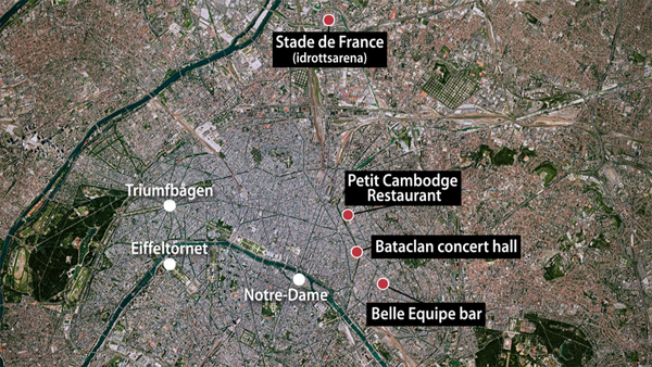 Här kan ni se var attackerna skedde, några av dem i centrala Paris och en vid idrottsarenan Stade de France i en förort till Paris.