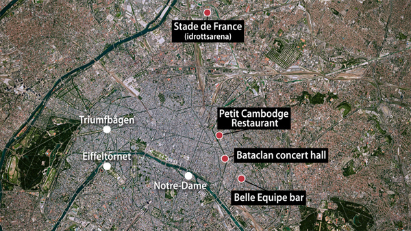 Här är en karta över vart i Paris attackerna har ägt rum. Foto: SVT Design