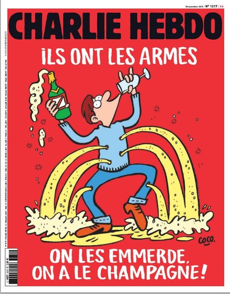"Ils ont les armes, on les emmerde, on a le champagne !" à la Une de Charlie Hebdo à paraître mercredi 

