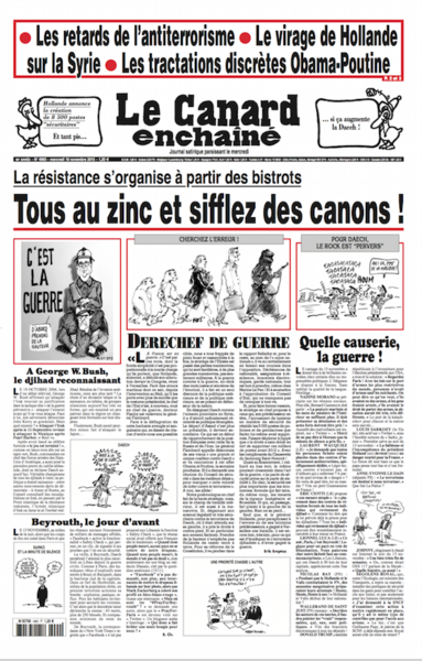 En une du «Canard enchaîné»: «Tous au zinc et sifflez des canons !» 

