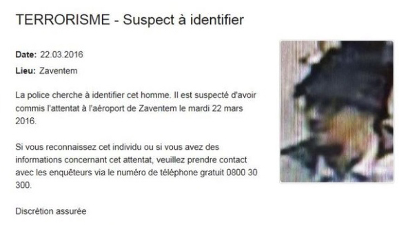 Belgisk polis går ut med en efterlysning av en av de misstänkta gärningsmännen på flygplatsen.
