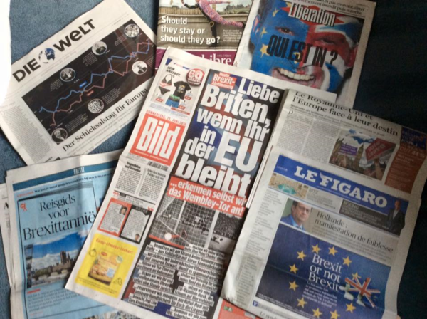 Fler europeiska tidningar idag.   Tyska Bild-Zeitung försöker att skämta till det..... 
 "Kära britter! Om ni blir kvar i EU så lovar vi att.... Lovar vi att godta Wembley-målet (omstritt engelskt fotbollsmål ). Lovar vi att inte använda solkräm på Europas badstränder, i solidaritet mer er solbränna. Lovar vi att inte skämta om prins Charles öron. Lovar vi att driva igenom EU-direktiv som förbjuder skum på öl. Lovar vi att imorgon reservera liggstolar åt er med våra handdukar vid hotellpoolen. Lovar vi att Jogi Löw ska bevaka brittiska kronjuvelerna. /Rolf Fredriksson i Bryssel
