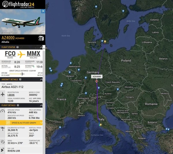 LIVE: Pope Francis is en-route Malmo for a 2-day visit (Alitalia A321 I-BIXK). Track: