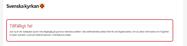Svenska kyrkans sajt har omfattande problem, just den här dagen