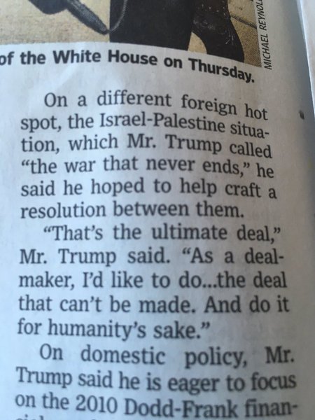 Donald Trump säger i intervjun med Wall Street Journal att han hoppas kunna lösa Israel/Palestina-konflikten: 