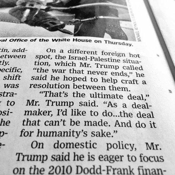 Donald Trumps "ultimata mål" under sina fyra (?) år i Vita huset är att lösa konflikten mellan Israel och Palestina, berättar han i WSJ. 