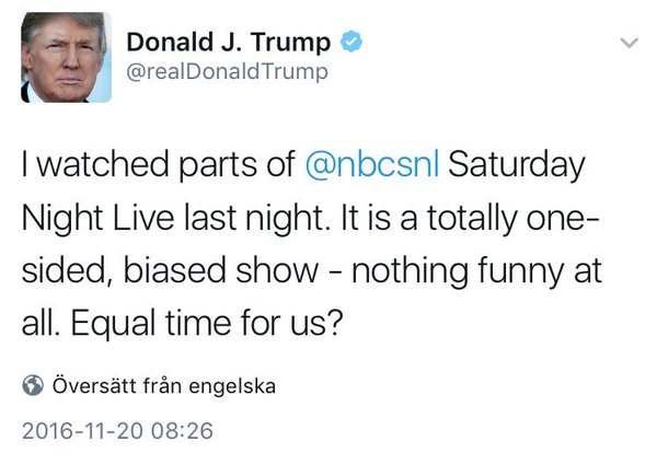 Kulturattackerna fortsätter.
Nu är Trump arg på Saturday Night Live.
Kolla själva och avgör om det är roligt: 