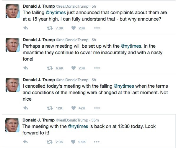 Donald Trump skulle träffa New York Times.
Sen blev han arg och ställde in. 
Sen ångrade han sig. 
Allt live på Twitter. 
