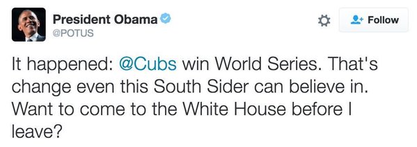 President Obama är så till sig över nattens seger att han bjuder Cubs till Vita Huset innan han flyttar. 