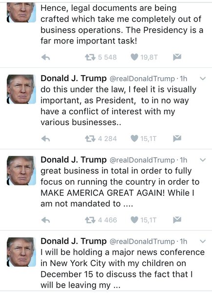 Trump säger på Twitter att han lämnar sina företag helt och hållet. Det är "mycket viktigare att vara president".
(Läs nedifrån & upp) 