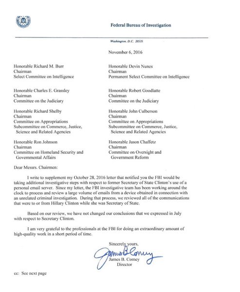 Nytt brev från FBI-chefen James Comey: "Vi fattade rätt beslut i juli om Clintons email." Inget nytt åtal. 