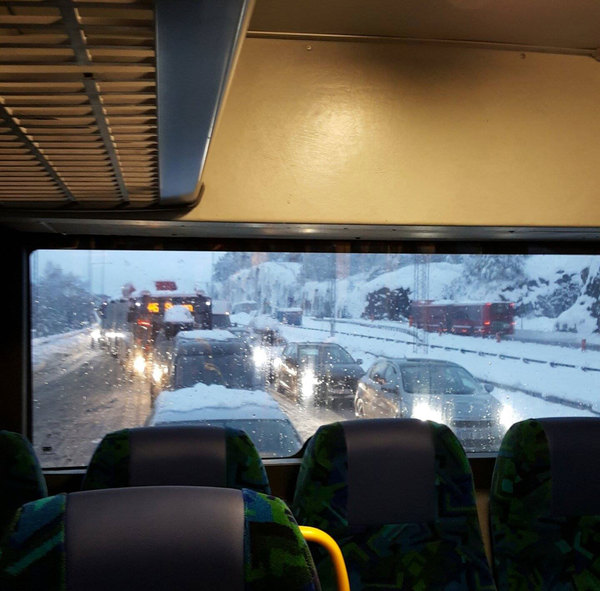 Köer på väg 222 på torsdagsmorgonen. Foto: Anna Hjelmberg.