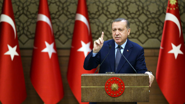 Turkiets president Recep Tayyip Erdogan håller ett tal i Ankara i dag. Foto: TT
