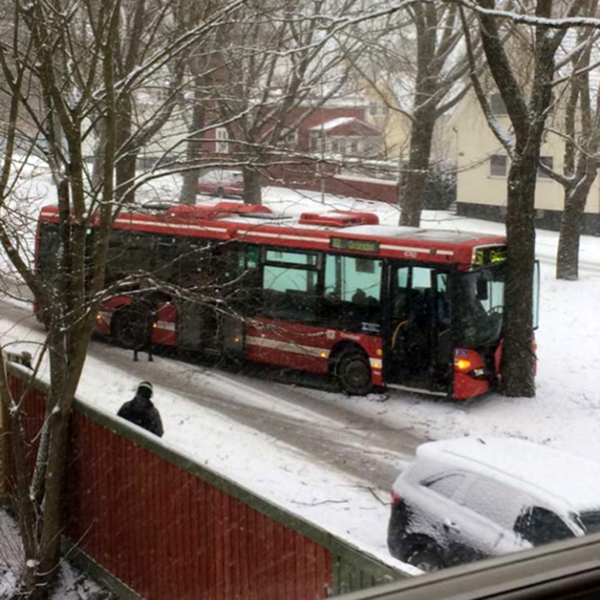 En fullsatt buss åkte av vägen och krockade med ett träd i Stockholm under onsdagsmorgonen. En person skadades och flera passagerare chockades. Foto: Ebba Nording