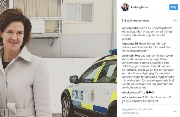 Anna Kinberg Batra (M) tycker till om vardagsbrotten på sitt Instagramkonto.