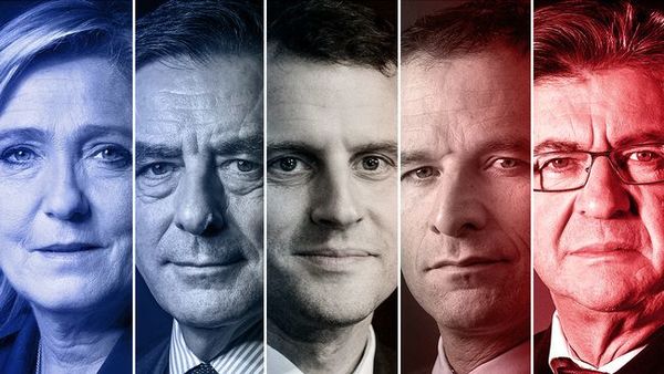 De fem toppkandidaterna: Marine Le Pen, François Fillon, Emmanuel Macron, Benoît Hamon och Jean-Luc Mélenchon. Se en video om varje kandidat längst ner under flödet (eller till höger om du surfar på dator)!