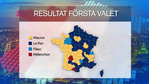 På denna karta ser man vilka kandidater som vann olika regioner i den första omgången. Le Pen har många väljare i norra och östra Frankrike, medan Macron dominerar i västra Frankrike samt i Paris.