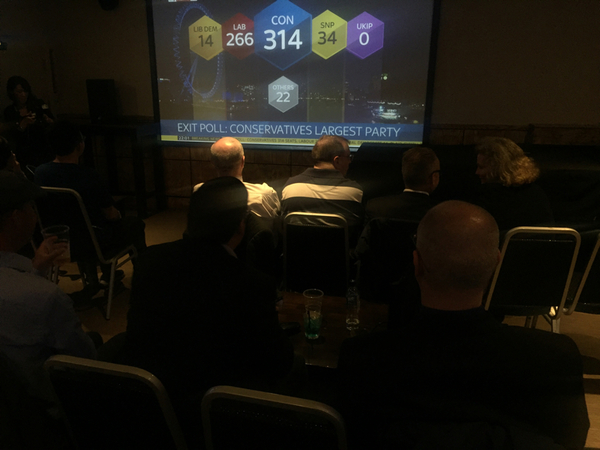 Bilden är från kl 23 då vallokalsundersökningen publicerades. Tystnad följt av mummel på den konservativa valvakan.