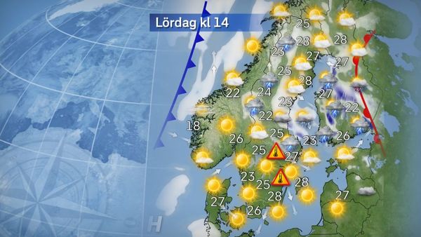 Under lördagen finns något svalare luft längst i söder, men i östra Götaland kan temperaturen ändå närma sig 30 grader i det soliga vädret. I övriga landet blir det en hel del moln och skurar med inslag av åska som håller ner temperaturen även här, och vi får som mest runt 25 grader. Vid soligt väder dock högre än så, framförallt i längst i norr. Foto: SVT