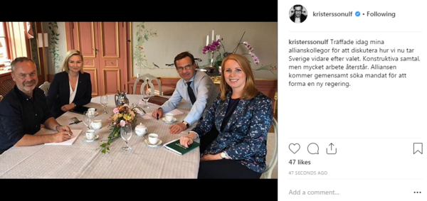"Alliansen kommer gemensamt söka mandat för att forma en ny regering", skriver Ulf Kristersson (M), efter mötet med allianskollegorna.