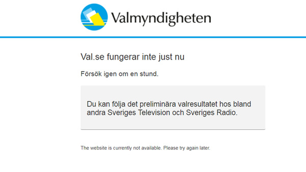 Valmyndighetens sajt ligger fortfarande nere. I stället hänvisar myndigheten till SVT och Sveriges Radio.