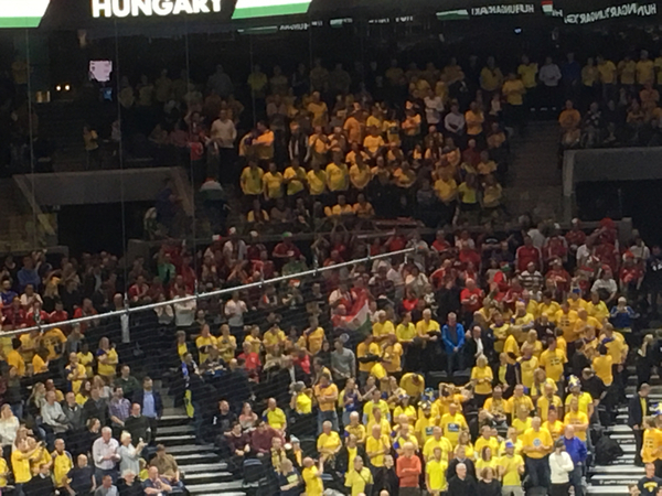 Däruppe sitter den röda ungerska klacken. Resten av arenan är gul!