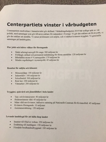 Här sammanfattar Centerpartiet sina vinster i vårbudgeten.