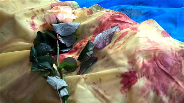 Blommor läggs på den ukrainska flaggan som täcker en död demonstrant.