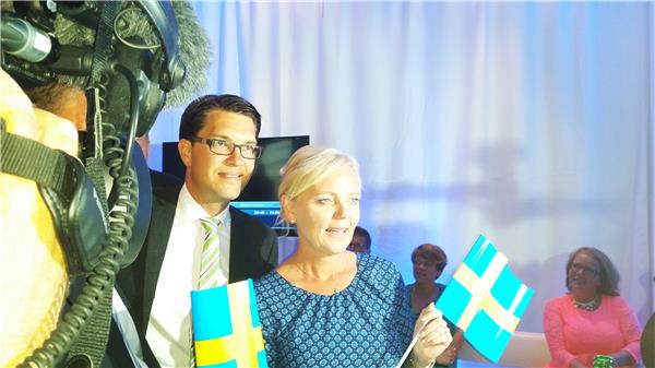 Sverigedemokraternas partiledare Jimmie Åkesson på partiets valvaka.
